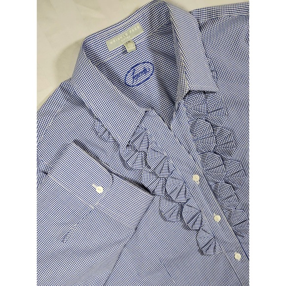Foxcroft Tops - Foxcroft Blue Gingham Ruffle Front Wrinkle Free 3/4 Sleeve Button Shirt 18 0033